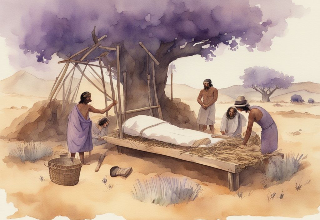 Vintage Aquarellillustration von frühen Menschen, die das erste Bett mit Stroh, Tierfellen und Holz erfinden, Hauptfarbthema Lavendel - wer hat das Bett erfunden.