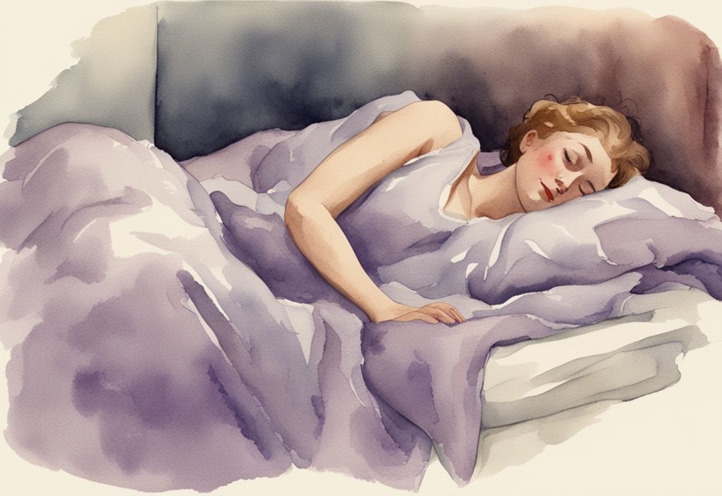 Vintage Aquarell-Illustration einer Person, die zufrieden im Bett liegt, mit eingewickelten Füßen in einer warmen, flauschigen Decke; Hauptfarbthema Lavendel, was tun gegen kalte Füße im Bett.