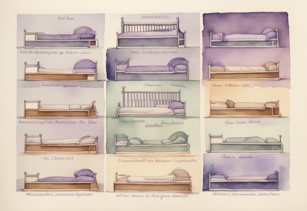 Vintage Aquarellillustration einer Zeitleiste zur Entwicklung und Transformation von Montessori-Betten, Hauptfarbthema Lavendel, von den Anfängen bis zu modernen Designs.