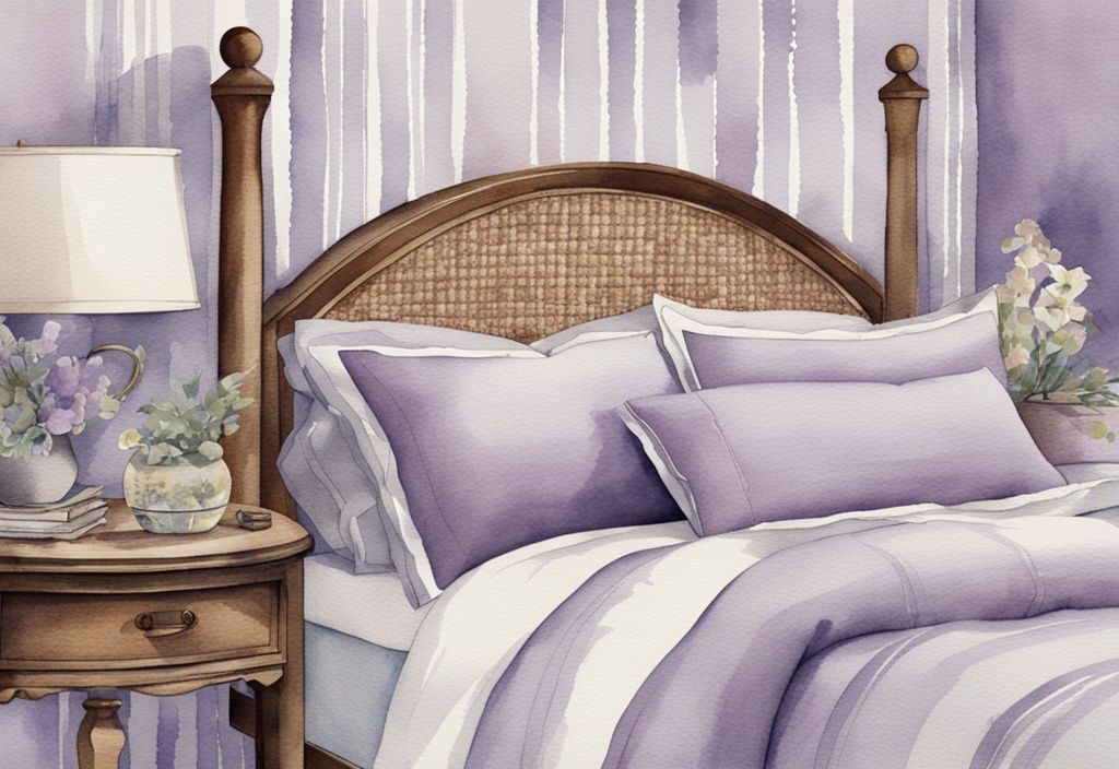 Vintage Aquarellillustration eines ordentlich gemachten Bettes mit Polycotton Bettwäsche, Nahaufnahmen des Gewebes zur Darstellung der einzigartigen Mischung aus Polyester und Baumwolle, was ist Polycotton Bettwäsche.