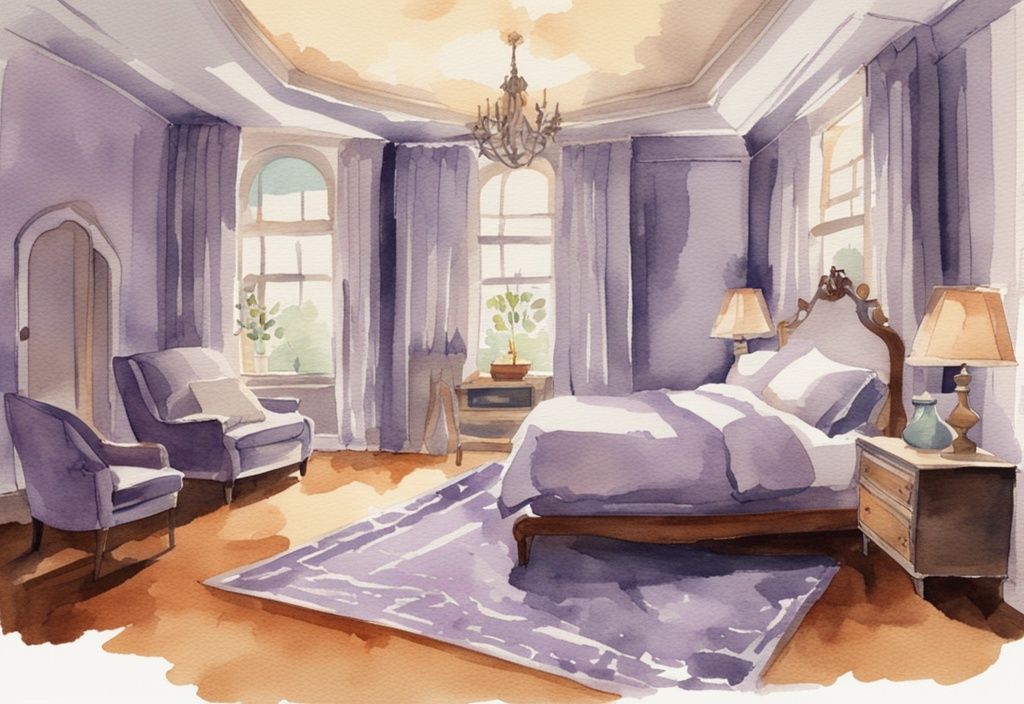 Vintage-Aquarell-Illustration eines Schlafzimmers mit großem Bett und perfekt proportioniertem Teppich unterm Bett welche Größe in Lavendelfarben.