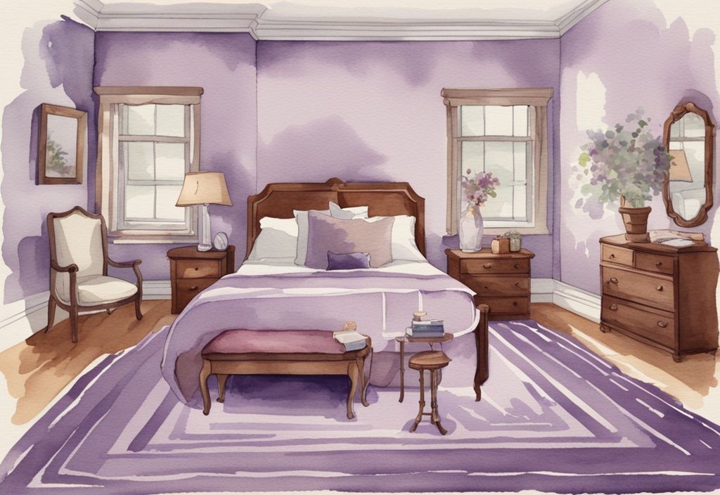 Vintage Aquarell-Illustration eines Schlafzimmers mit Lavendel-Thema, zeigt verschiedene Teppichgrößen unter dem Bett, korrekte und inkorrekte Teppichgrößen hervorgehoben.