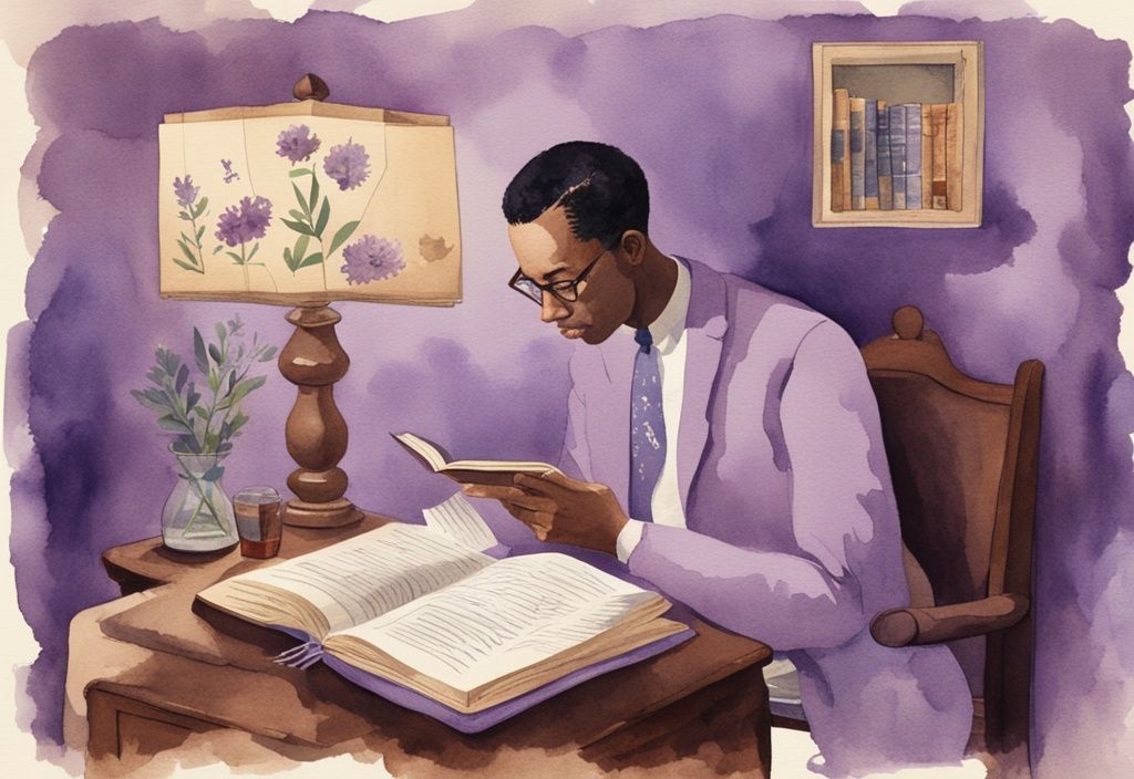 Vintage Aquarellillustration eines Mannes, der in ein Buch mit dem Titel "Wie merke ich" vertieft ist, umgeben von Benachrichtigungssymbolen, Hauptfarbthema Lavendel.