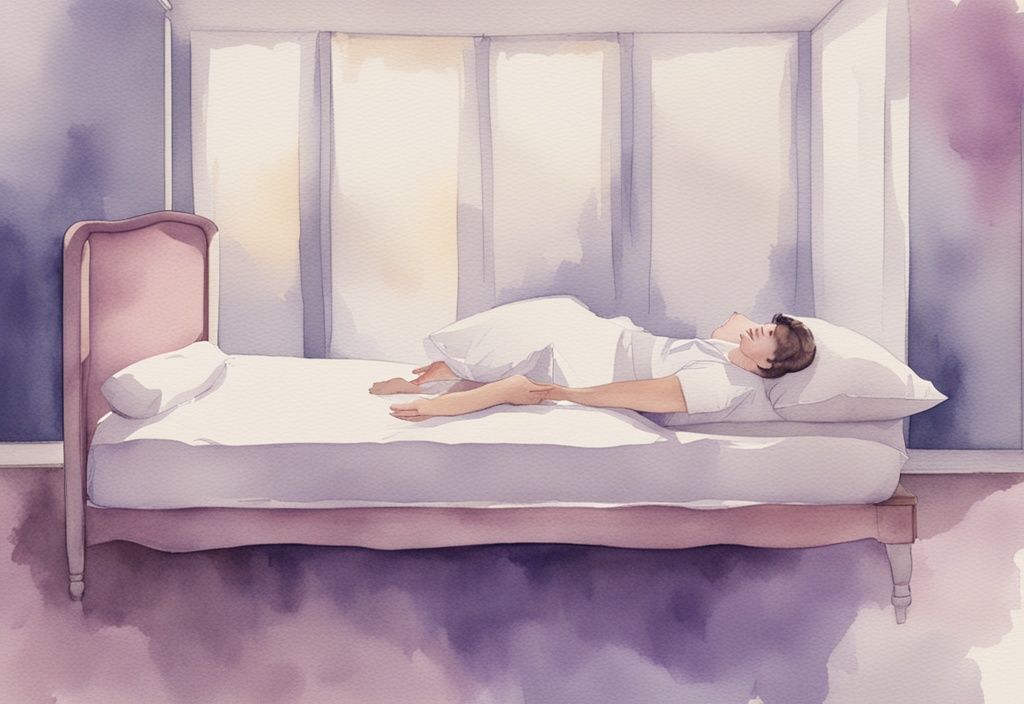 Vintage Aquarellillustration in Lavendeltönen, Person liegt bequem auf einer Matratze mit hervorgehobener Unterstützung im unteren Rückenbereich