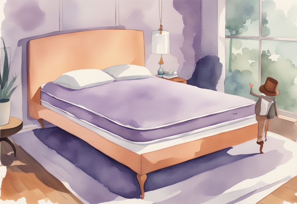 Person zeigt die richtige Ausrichtung einer Emma Matratze wie rum in einer vintage Aquarellillustration mit Lavendel-Farbschema.