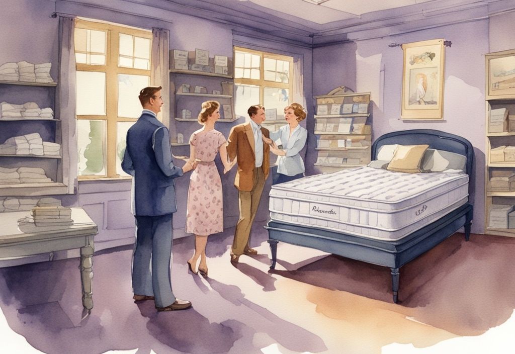 Vintage-Aquarellillustration eines nachdenklichen Paares in einem Matratzenladen, das eine Matratze untersucht, während ein Verkäufer die Eigenschaften erklärt, was beachten bei neuer Matratze.