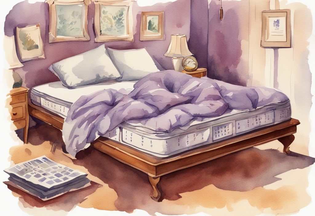 Vintage Aquarell-Illustration einer Person auf einer durchhängenden neuen Matratze mit Kalender im Hintergrund, der auf zu frühe Nutzung hinweist, Hauptfarbthema Lavendel.