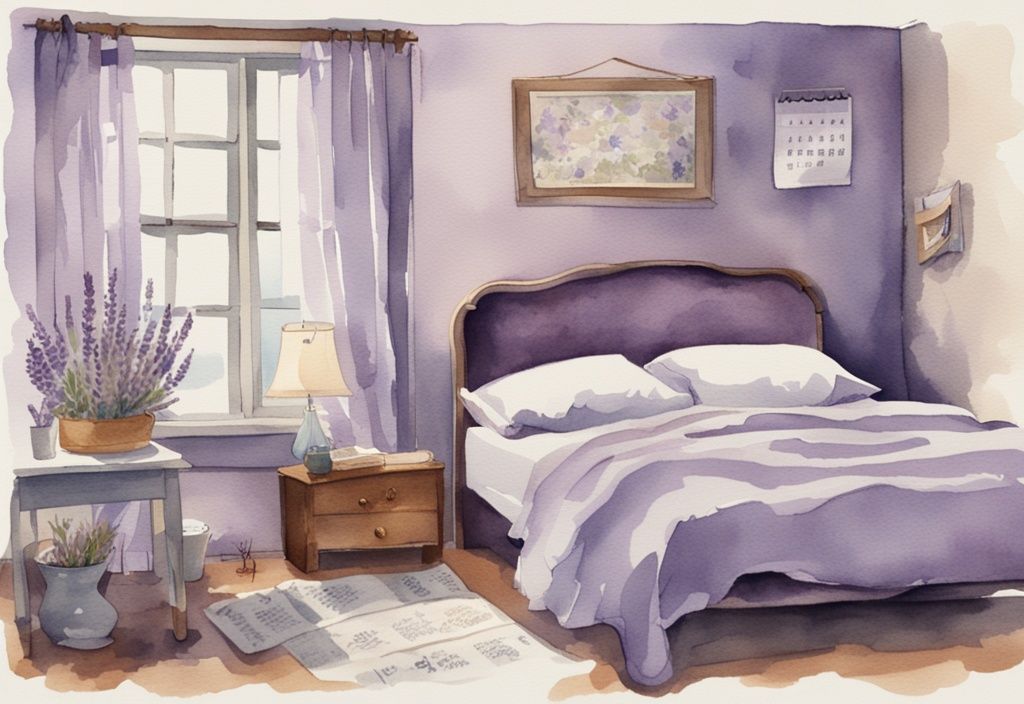 Vintage Aquarellillustration, Lavendelthema, Kalender mit markierten Tagen, Bett mit frischer Bettwäsche, wie oft sollte man Bettwäsche wechseln