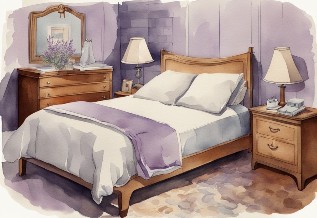 Vintage Aquarell Schlafzimmer-Szene in Lavendel, Bett mit Höhenangaben vom Boden bis zur Matratzenoberkante und von der Matratzenoberkante bis zur Kissenoberkante.