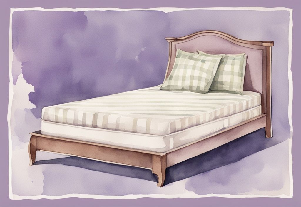 Vintage Aquarellillustration eines Bettes mit Maßlinien und Höhenangaben, die zeigen, wie hoch ist ein Bett vom Boden bis zur Oberkante der Matratze, Hauptfarbthema Lavendel.