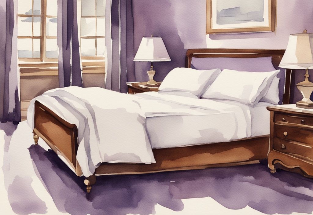 Vintage Aquarellillustration eines ordentlich gemachten Betts mit weißen Bettlaken, flauschigen Kissen und einer gefalteten Decke am Fußende, in Lavendelfarben gehalten, elegant wie ein Hotelzimmer.