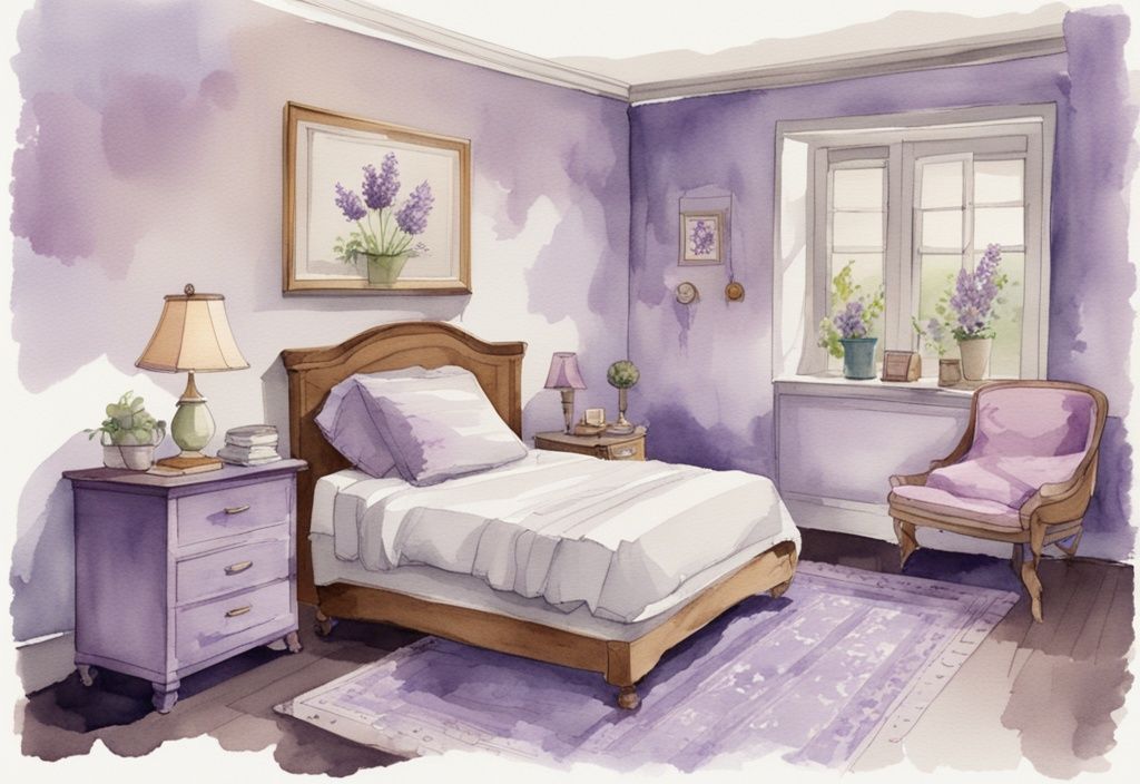 Vintage Aquarellillustration eines stilvoll dekorierten Schlafzimmers mit einem ordentlich gemachten Einzelbett in Lavendelfarben und einem Größenvergleichsdiagramm für Betten.