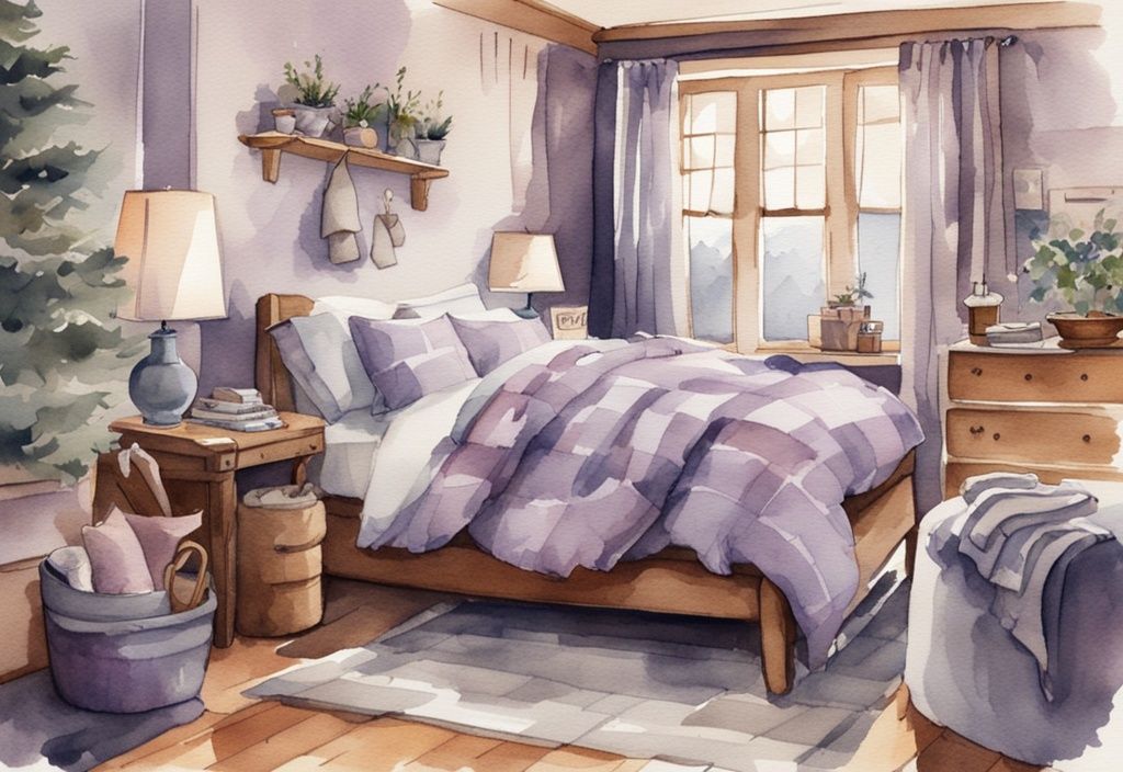 Vintage Aquarell-Illustration eines gemütlichen Schlafzimmers mit verschiedenen Winterbettwäsche-Optionen wie dicken Bettdecken, Flanellbettlaken und kuscheligen Decken in warmen Farben, ideal für welche Bettwäsche im Winter.