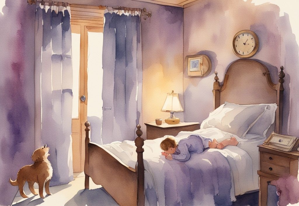 Vintage Aquarellillustration eines Kindes im Schlafanzug, das gähnt und auf eine große Wanduhr schaut, während ein Elternteil es in ein sanft beleuchtetes Schlafzimmer führt; wann sollten Kinder ins Bett.