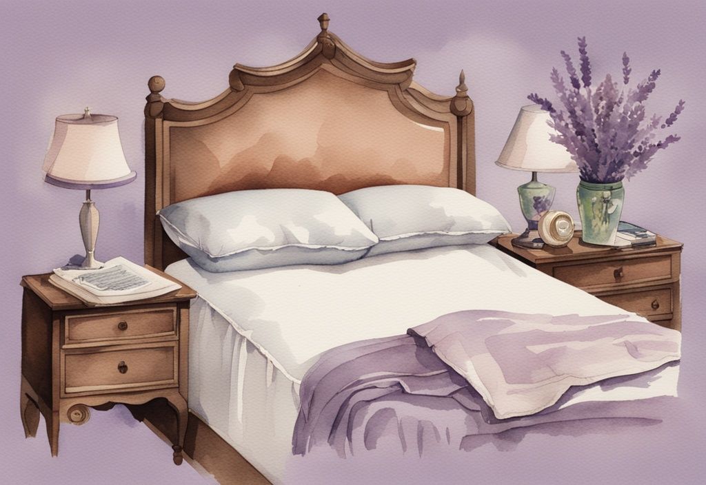 Vintage Aquarell-Illustration eines ordentlich gemachten Bettes mit Lavendel-Farbschema, sichtbarem, weichem Topper, Seitenansicht des Toppers über der Matratze und unter dem Bettlaken.