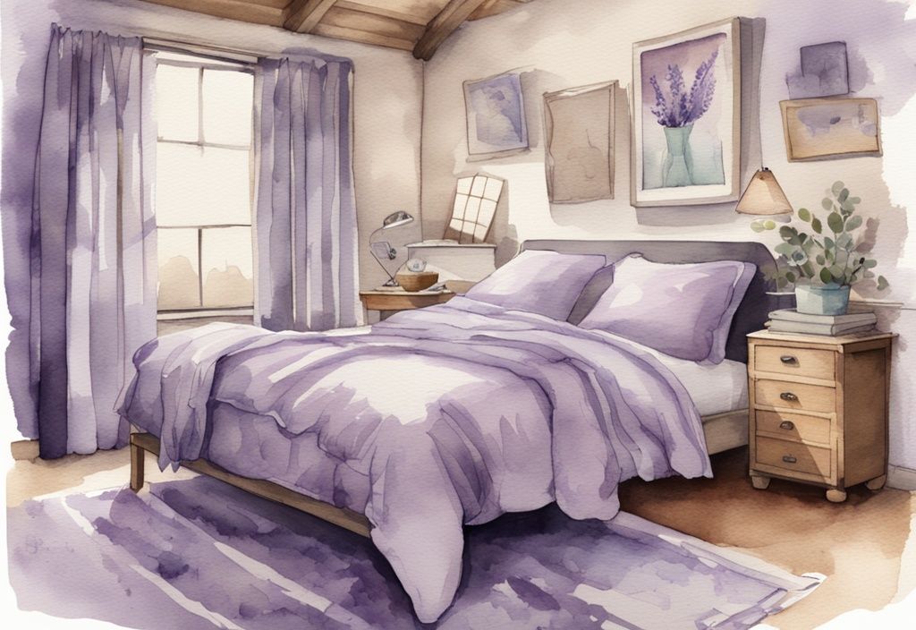 Vintage Aquarell-Illustration eines perfekt gemachten 140x200 Bettes mit Lavendel-Farbthema und Maßband zur Größenangabe