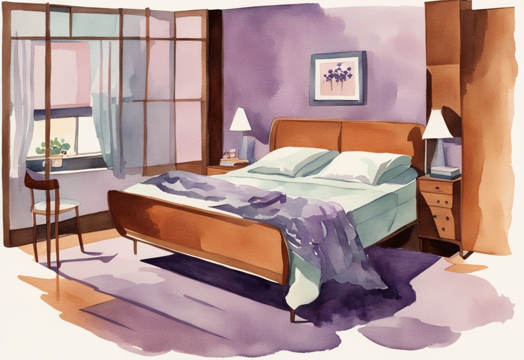 Vintage Aquarell-Illustration eines Paares beim Wenden einer Queen-Size-Matratze in einem Mid-Century-Schlafzimmer, Hauptfarbe Lavendel.