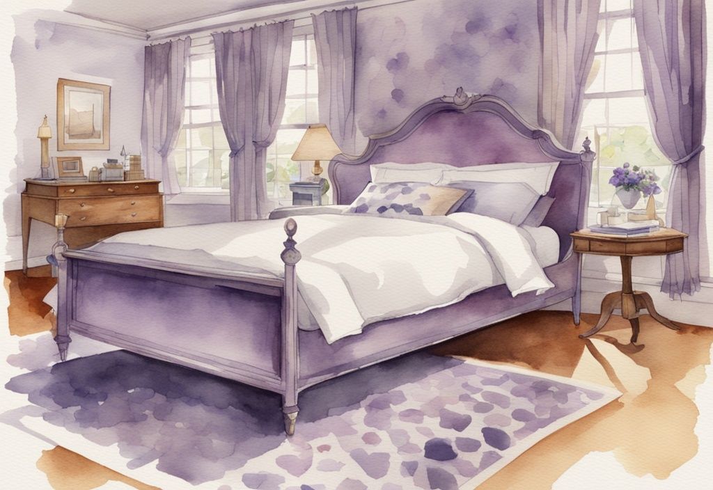Vintage Aquarell-Illustration eines geräumigen Schlafzimmers mit einem Kingsize-Bett und einem Maßband zur Darstellung der Abmessungen, Hauptfarbthema Lavendel.