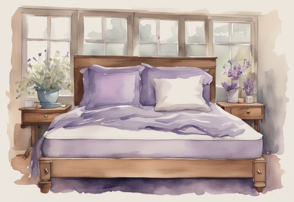 Vintage Aquarell-Illustration eines Boxspringbetts mit verschiedenen Matratzen in Lavendelfarben, die ihre Eigenschaften und Spezifikationen hervorheben