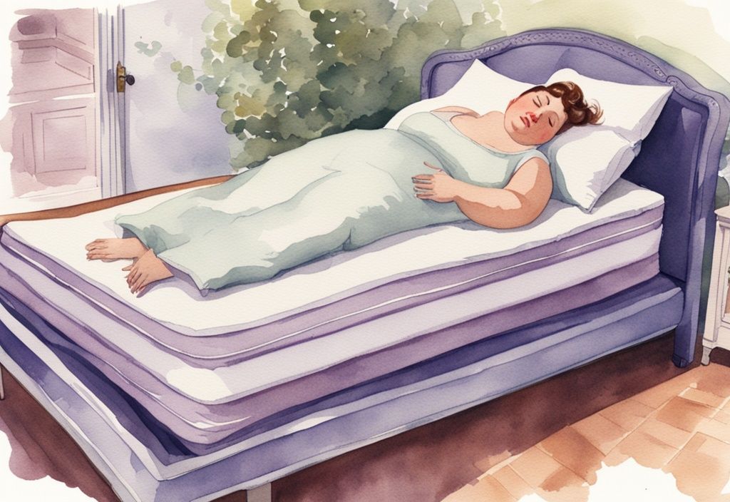 Vintage-Aquarell-Illustration eines bequemen und stabilen Bettes mit einer Plus-Size-Person, die die Festigkeit und Unterstützung testet, welche Matratze bei Übergewicht.