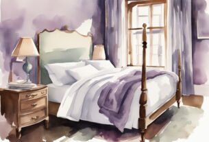 Vintage Aquarellillustration eines ordentlich gemachten Bettes mit weißen Bettwaren, flauschigen Kissen und einer gefalteten Hoteldecke in einem gut beleuchteten, einladenden Schlafzimmer, Bett machen wie im Hotel.