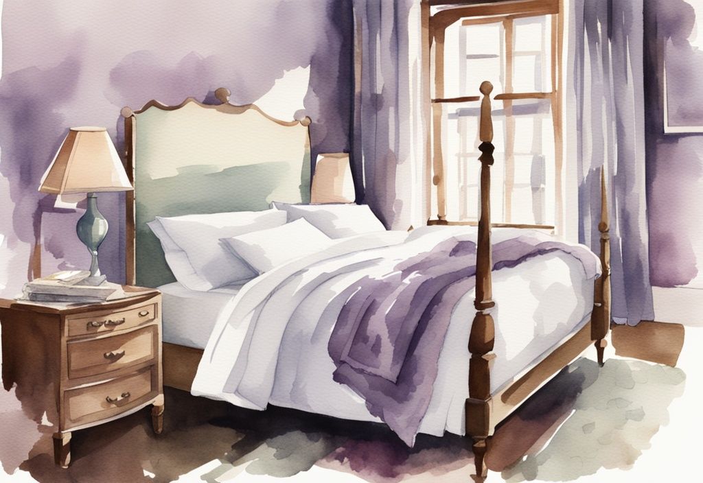 Vintage Aquarellillustration eines ordentlich gemachten Bettes mit weißen Bettwaren, flauschigen Kissen und einer gefalteten Hoteldecke in einem gut beleuchteten, einladenden Schlafzimmer, Bett machen wie im Hotel.