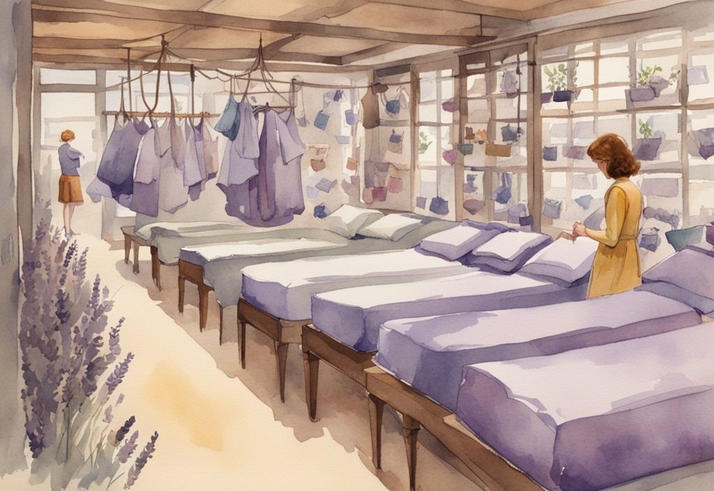 Vintage Aquarell-Illustration von Betten mit Preisschildern und einer nachdenklichen Person, Hauptfarbe Lavendel