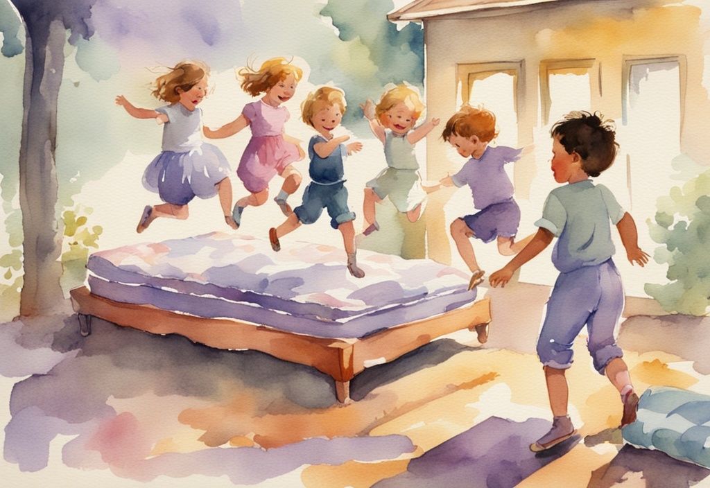 Vintage Aquarellillustration von Kindern, die auf bunten Matratzen springen, in Lavendeltönen, spielerische Szene, Freude und Energie der Kindheit, weiche, fließende Pinselstriche