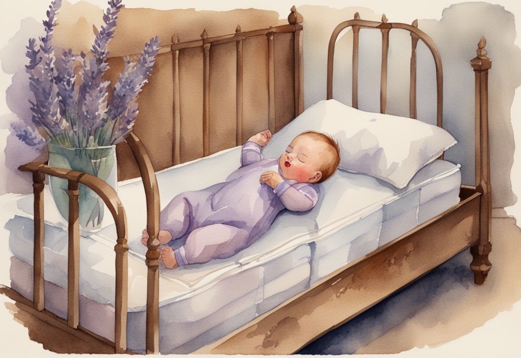 Vintage Aquarellillustration mit Lavendel-Thema, ein Baby schläft friedlich auf einer sicheren und bequemen Matratze, umgeben von verschiedenen Arten von Babymatratzen, welche Matratze für Baby.