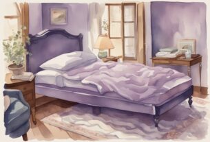 Vintage-Aquarell-Illustration eines Seitenschläfers auf verschiedenen Matratzen mit Beschriftungen der Vorteile für Seitenschläfer, welche Matratze für Seitenschläfer.