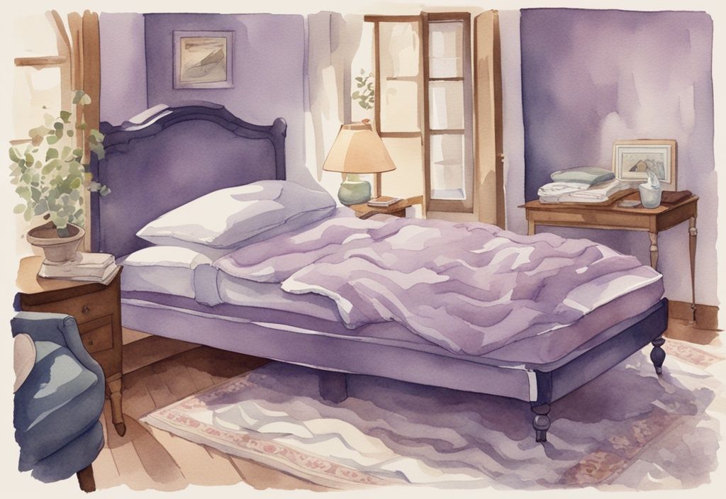 Vintage-Aquarell-Illustration eines Seitenschläfers auf verschiedenen Matratzen mit Beschriftungen der Vorteile für Seitenschläfer, welche Matratze für Seitenschläfer.
