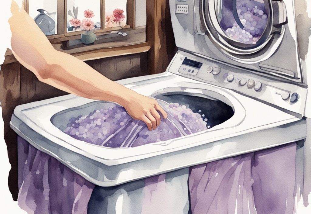 Vintage Aquarellillustration mit Lavendelfarben: Hände ziehen frisch gewaschene Bettwäsche mit Seifenschaum und frischen Duftlinien aus der Waschmaschine.