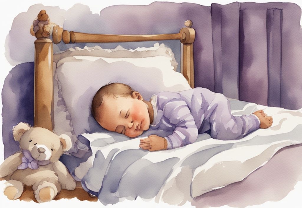 Vintage Aquarellillustration eines friedlich schlafenden Babys auf einer sicheren Matratze, umgeben von weichen Kissen und Plüschtieren, Hauptfarbthema Lavendel