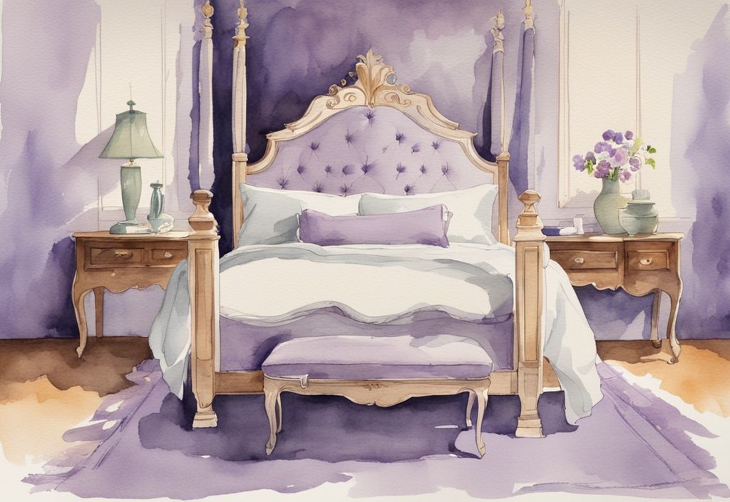 Vintage Aquarellillustration eines Queensize-Betts mit klar markierten Abmessungen, in einem gut dekorierten Raum zur Maßstabsreferenz. Keyword: wie groß ist ein Queensize Bett.