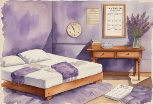 Vintage Aquarell-Illustration mit Lavendel-Thema, Kalender mit markierten Daten, alter Matratze, die in eine neue übergeht, symbolisiert wie oft Matratze wechseln.
