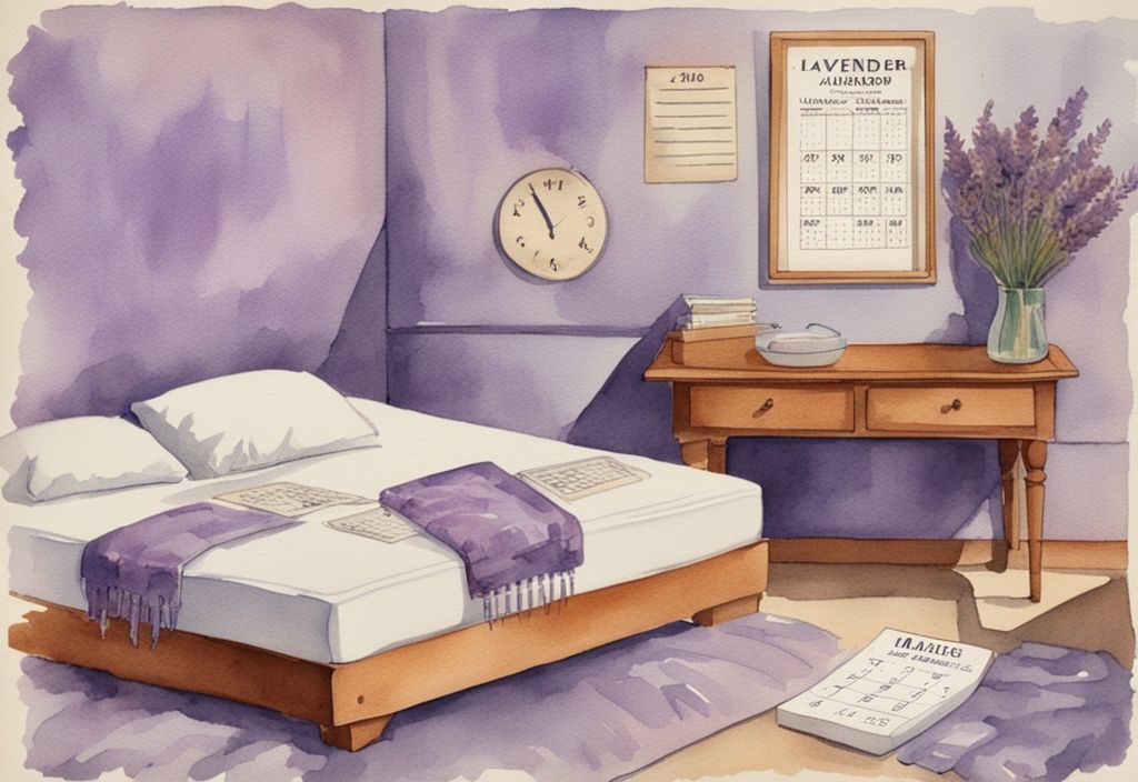 Vintage Aquarell-Illustration mit Lavendel-Thema, Kalender mit markierten Daten, alter Matratze, die in eine neue übergeht, symbolisiert wie oft Matratze wechseln.
