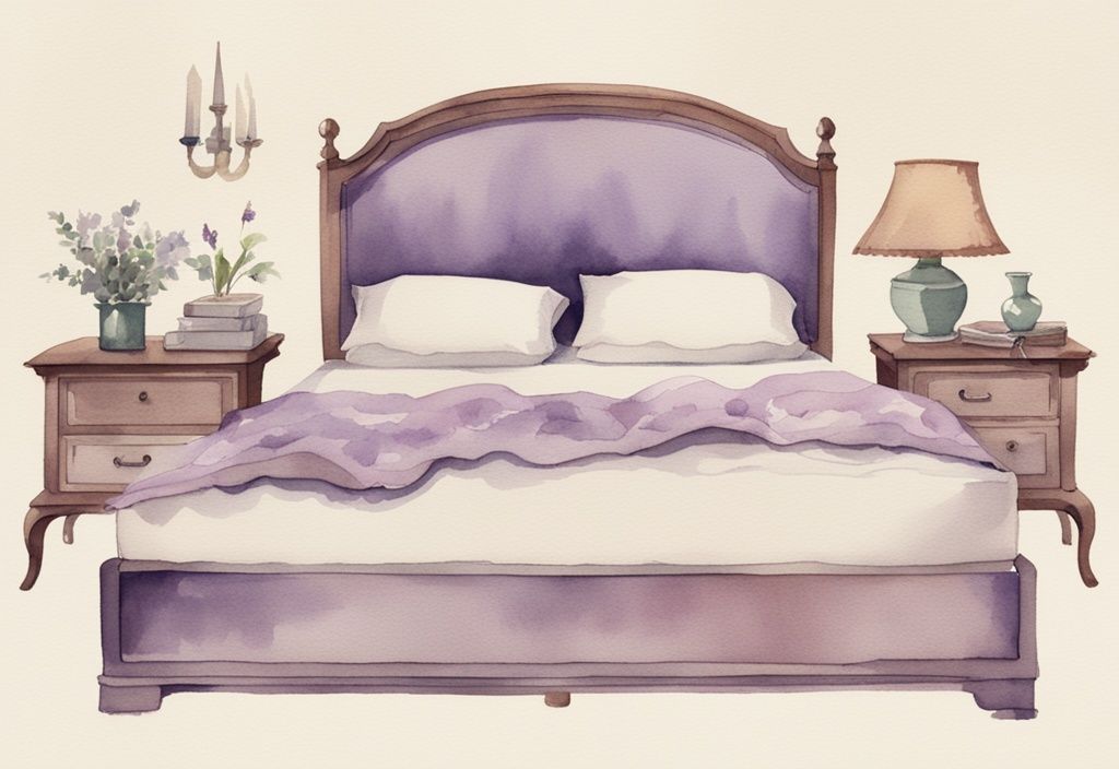 Vintage Aquarell-Illustration eines ordentlich gemachten Bettes mit sichtbarem, plüschigem Topper, der oberhalb der Matratze und unterhalb des Bettlakens platziert ist, in Lavendelfarben