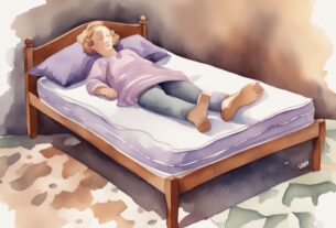 Vintage Aquarellillustration einer Person, die bequem auf einer Matratze schläft, mit Fokus auf die Unterstützung und Linderung bei Hüftschmerzen – welche Matratze bei Hüftschmerzen.