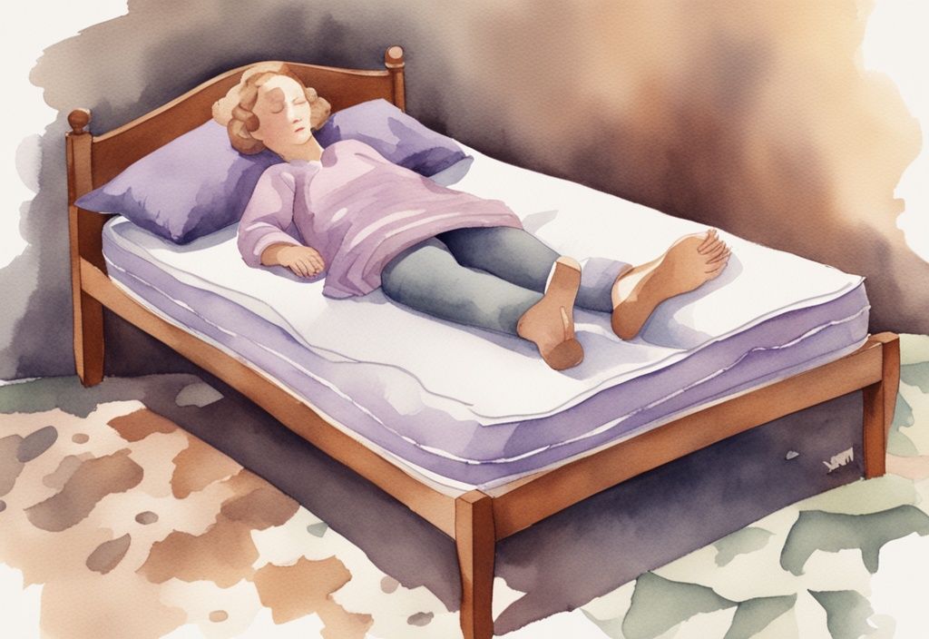 Vintage Aquarellillustration einer Person, die bequem auf einer Matratze schläft, mit Fokus auf die Unterstützung und Linderung bei Hüftschmerzen – welche Matratze bei Hüftschmerzen.