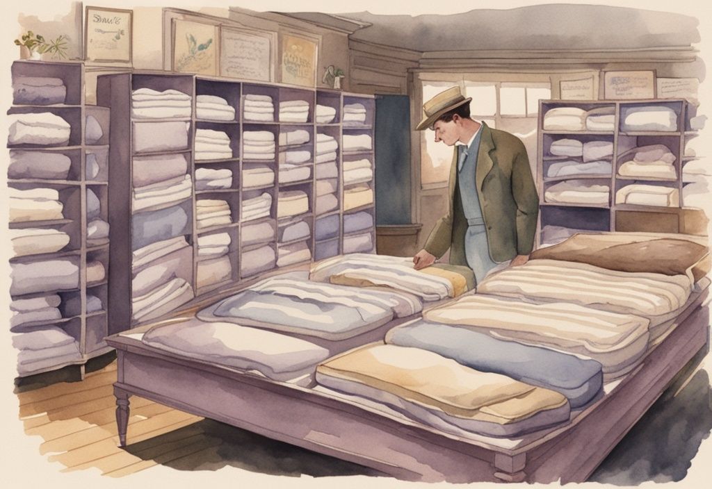 Vintage-Aquarell-Illustration mit Lavendel-Farbtönen, die verschiedene Matratzen mit einzigartigen Merkmalen und eine Person zeigt, die sie prüfend betrachtet.