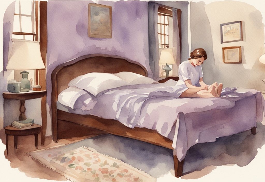 Vintage Aquarell-Illustration einer Person, die sich im frühen Morgen auf dem Bett dehnt, Hauptfarbthema Lavendel