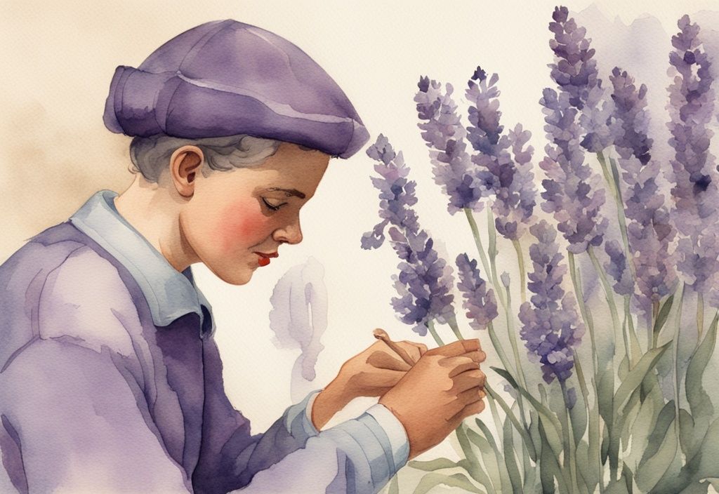 Vintage Aquarellillustration einer Person, die eine Blume aus nächster Nähe betrachtet, mit Lavendel als Hauptfarbthema, Details erkennen