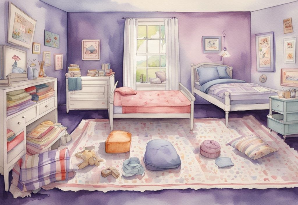 Vintage-Aquarell-Illustration mit lavendelfarbenem Thema, die verschiedene bunte Kindermatratzen mit unterschiedlichen Mustern in einem hellen, kinderfreundlichen Schlafzimmer zeigt, welche Matratze für Kinder