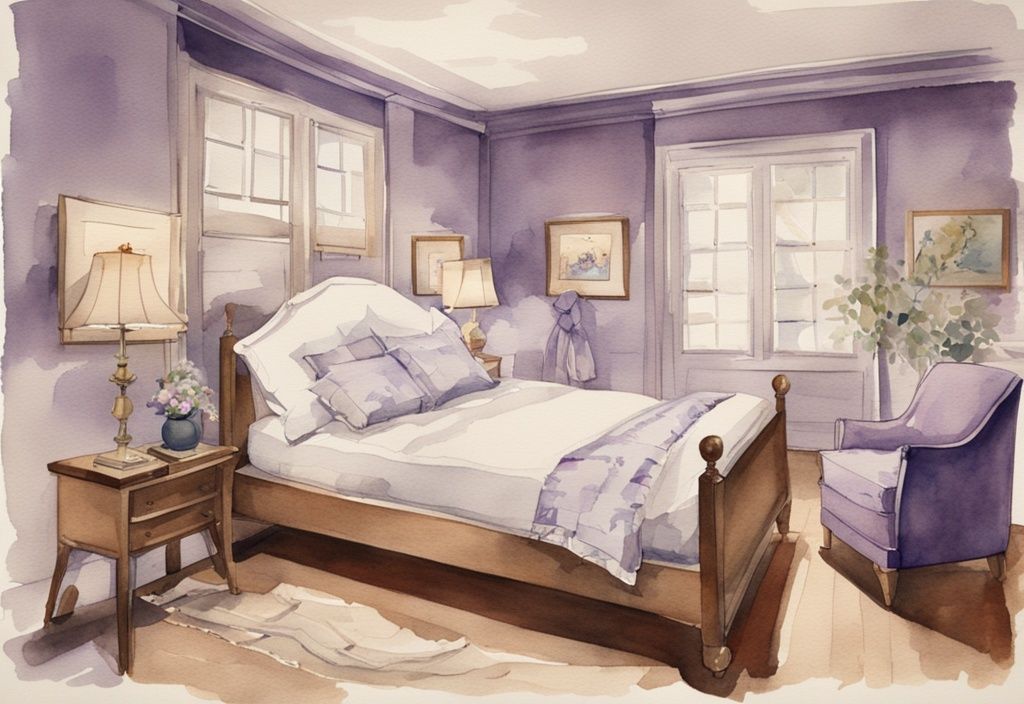Vintage Aquarell Schlafzimmer Illustration, Lavendel Farbschema, Querschnittsansicht eines Bettes mit Höhenangaben vom Boden zur Matratzenoberkante und von der Matratzenoberkante bis zur Kissenoberkante