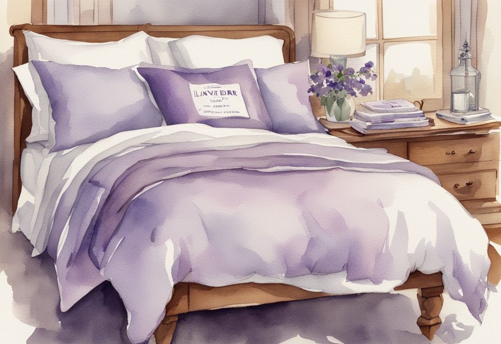 Vintage-Aquarell-Illustration eines ordentlich gemachten Bettes mit glatten, knitterfreien Bettlaken und einem Etikett, das die bügelfreie Qualität anzeigt, in Lavendelfarben.