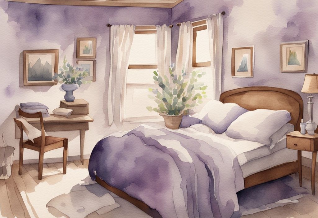 Vintage Aquarellillustration eines gemütlichen Schlafzimmers mit Musselin Bettwäsche in natürlichen Tönen, was ist Musselin Bettwäsche