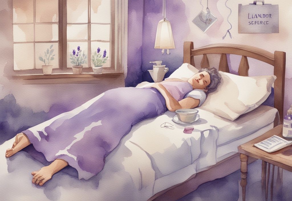 Vintage Aquarell-Illustration einer Person im Bett mit Krankheitssymptomen, Hauptfarbe Lavendel, zeigt Kalorienverbrauch