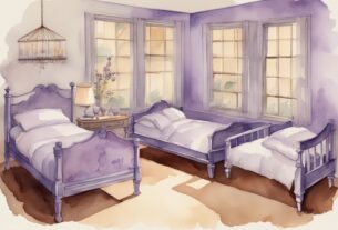 Vintage-Aquarell-Illustration zeigt die Entwicklung von Montessori-Betten von den Anfängen bis heute, Hauptfarbe Lavendel - ab wann Montessori Bett