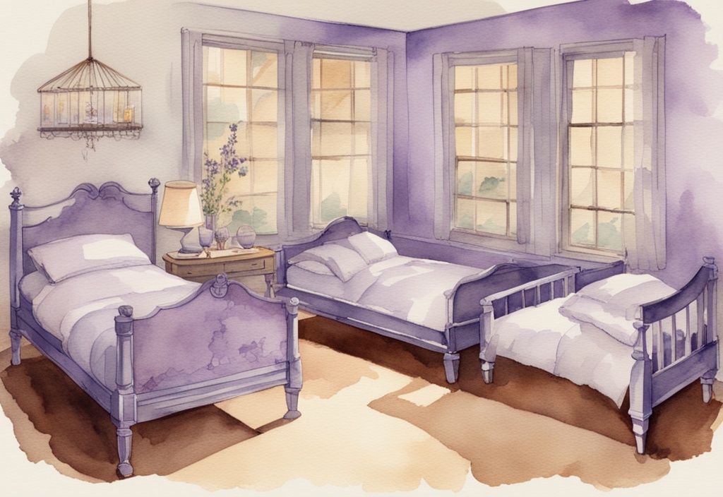 Vintage-Aquarell-Illustration zeigt die Entwicklung von Montessori-Betten von den Anfängen bis heute, Hauptfarbe Lavendel - ab wann Montessori Bett