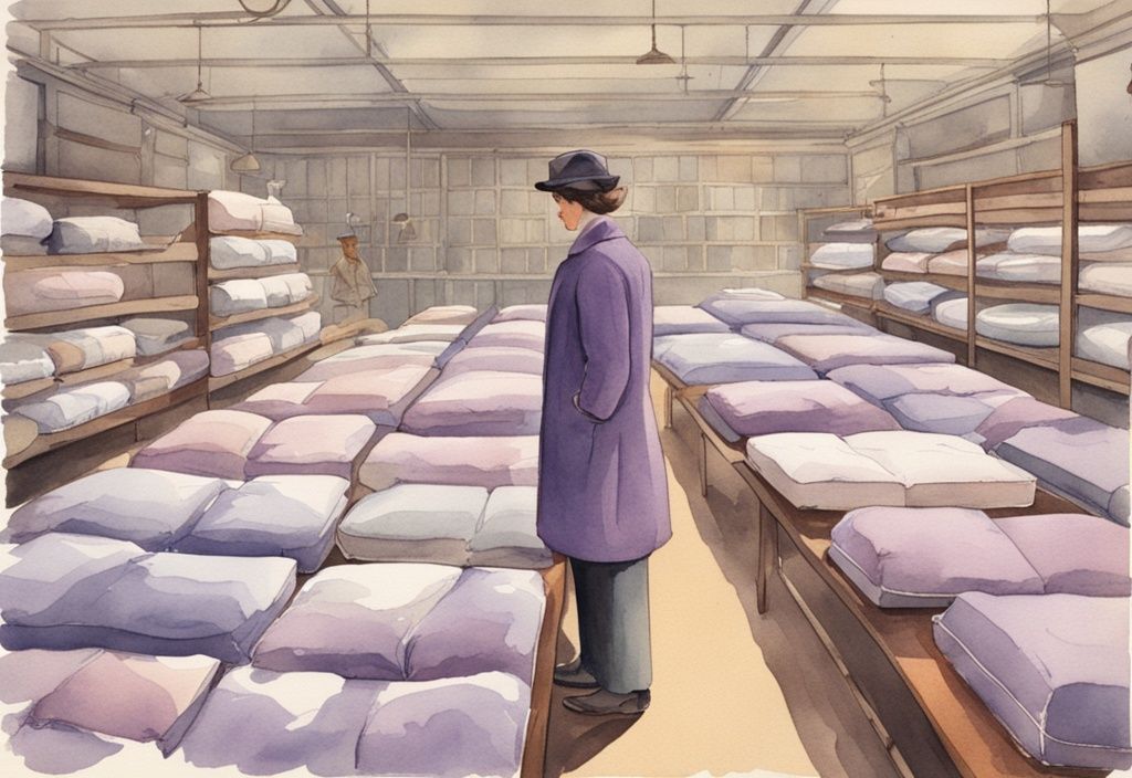 Vintage Aquarell-Illustration von Matratzen in Lavendelfarben, Person prüft verschiedene Modelle mit Etiketten zu einzigartigen Eigenschaften